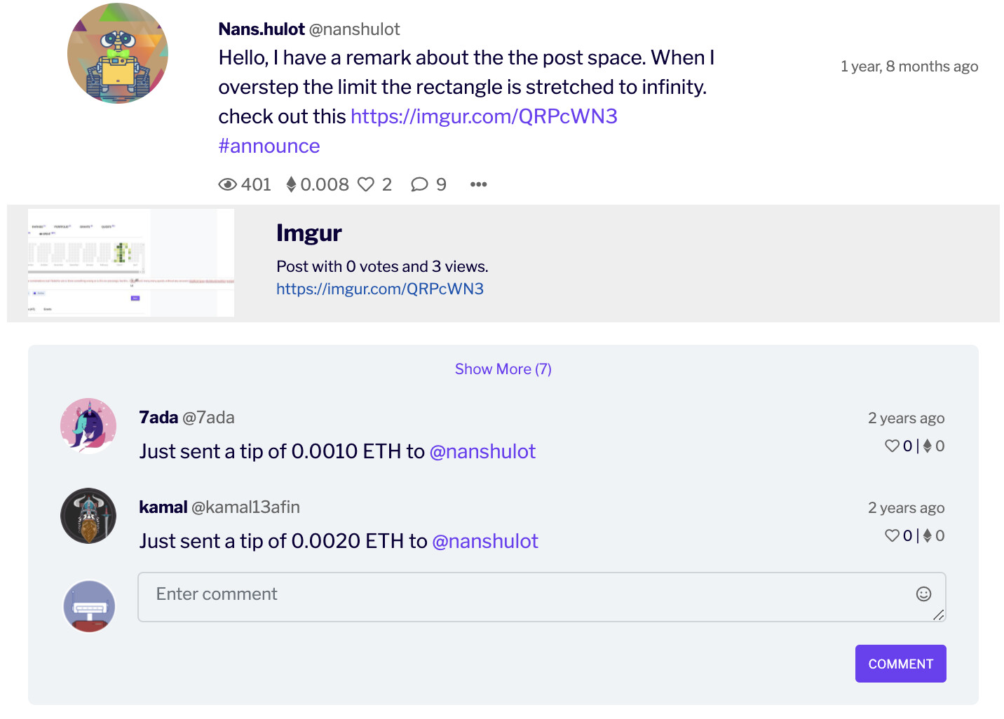 Example post that received tips on Gitcoin Townsquare